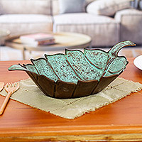 Copper centerpiece, 'Antiqued Leaf' - Antiqued Green Copper Leaf Centerpiece from Mexico