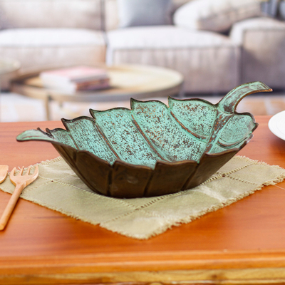 Copper centrepiece, 'Antiqued Leaf' - Antiqued Green Copper Leaf centrepiece from Mexico
