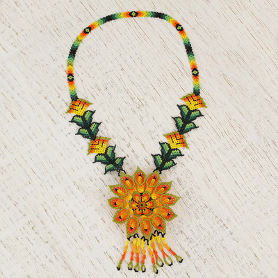 Glass beaded pendant necklace, 'Flower of the Desert' - Floral Glass Beaded Pendant Statement Necklace from Mexico