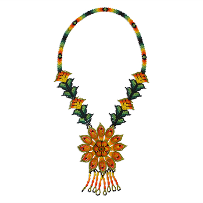 Glass beaded pendant necklace, 'Flower of the Desert' - Floral Glass Beaded Pendant Statement Necklace from Mexico