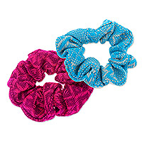 Cotton hair scrunchies, 'Daily Style' (set of 2) - Set of 2 Embroidered Cotton Hair Scrunchies (Assorted)
