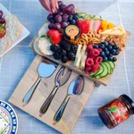 Wood charcuterie board and stainless steel cheese knives set, 'Charcuterie Cravings' - Wooden Charcuterie Board with Stainless Steel Cheese Knives