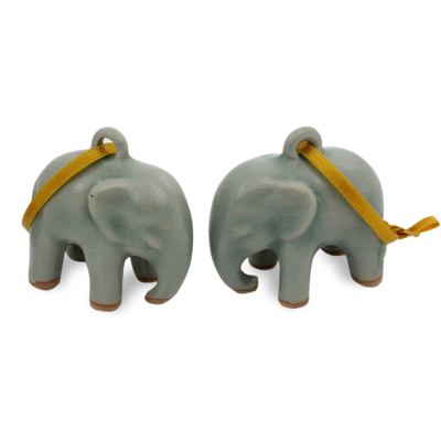 Celadon ceramic ornaments, 'Light Blue Elephant' (pair) - Crackled Green Celadon Ceramic Ornaments (Pair)