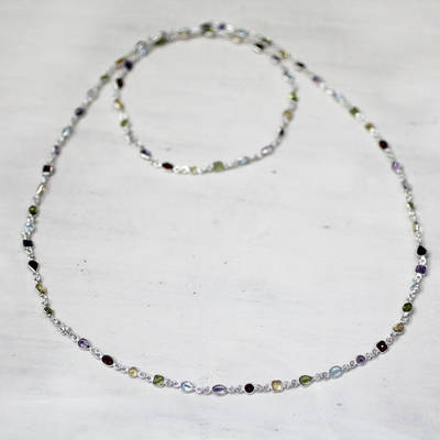 Multi-gemstone long station necklace, 'Delightful Colors' - Multi-Gem Station Necklace Garnet Amethyst Citrine