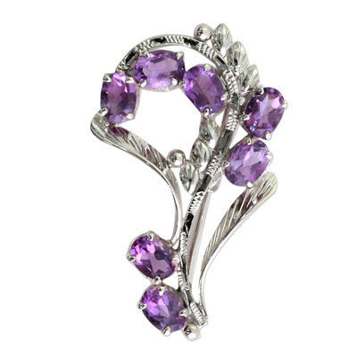 Broschennadel mit Amethyst-Blumenmuster - Indische Brosche aus Sterlingsilber mit 7 Amethysten