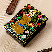 Wood jewelry box, 'Prosperous Harvest' - Handmade Black Walnut Wood Jewelry Box with Farmer in Yellow