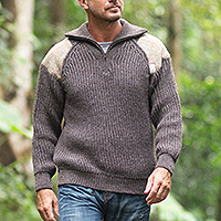 Suéter de tweed de lana para hombre, 'Crofter' - Suéter tipo jersey con acento de tweed para hombre