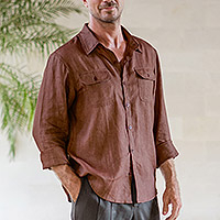 Camisa de lino para hombre, 'Wish List in Cocoa' - Camisa de lino con cuello para hombre de la India