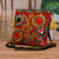 Silk embroidered handbag, 'Scarlet Symbols'  - Handmade Silk Embroidered Sling Handbag