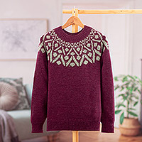 100% alpaca sweater, 'Burgundy Geometry' - Geometric Burgundy and Grey 100% Alpaca Pullover Sweater