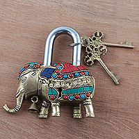 Schloss- und Schlüsselset aus Messing, „Festlicher Elefant“ – Kunsthandwerklich gefertigtes Elefantenschloss- und Schlüsselset aus Messing 