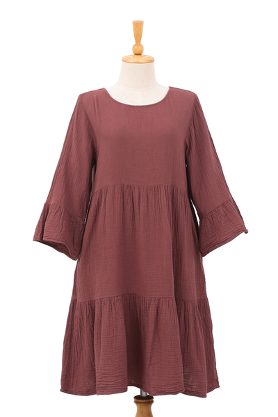 Cotton tunic dress, 'Cranberry Trends' - Double-Gauze Cotton Tunic Dress in a Cranberry Hue