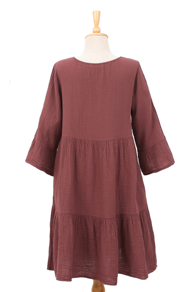 Cotton tunic dress, 'Cranberry Trends' - Double-Gauze Cotton Tunic Dress in a Cranberry Hue