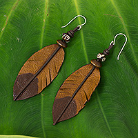 Leather and bone dangle earrings, 'Brown Feather' - Feather-Shaped Earrings Crafted from Leather, Bone and Wood