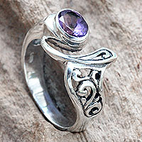Amethyst cocktail ring, 'Jimbaran' - Amethyst and Sterling Silver Ornate Asymmetrical Ring