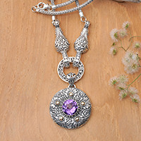 Gold-accented amethyst pendant necklace, 'Badung Wreath' - Ornate Amethyst Necklace with 18k Gold Accents