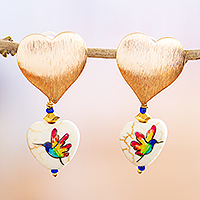 Gold-plated howlite dangle earrings, 'Winged Rainbow' - 14k Gold-Plated Dangle Earrings with Hand-Painted Birds