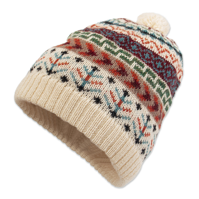 100% alpaca hat, 'Andean Nature' - Traditional Knit Ivory Alpaca Hat from the Andes