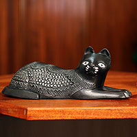Wood figurine, 'Asevi' - African Wood Cat Figurine