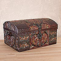Dekorative Box aus Leder, „Herbstblätter“ – handwerklich gefertigte Truhe aus bearbeitetem Leder mit Schmiedeeisen