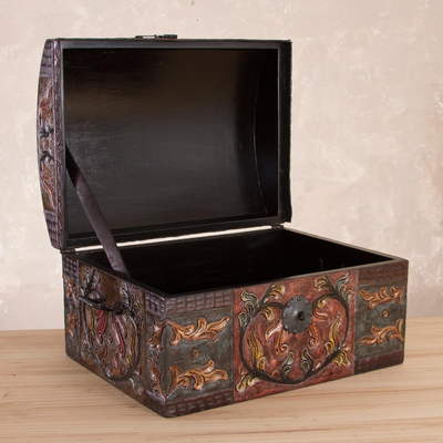 Leather decorative box, 'Autumn Leaves' - Artisan Crafted Tooled Leather Chest with Wrought Iron