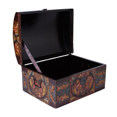 Leather decorative box, 'Autumn Leaves' - Artisan Crafted Tooled Leather Chest with Wrought Iron