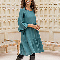 Vestido de túnica de algodón, 'Teal Empire Trends' - Vestido de túnica de algodón de doble gasa en un tono verde azulado de Tailandia