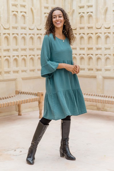 Cotton tunic dress, 'Teal Empire Trends' - Double-Gauze Cotton Tunic Dress in a Teal Hue from Thailand