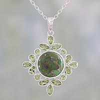 Peridot pendant necklace, 'Bright Fascination' - Handcrafted Green Turquoise and Peridot Pendant Necklace