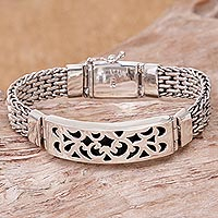 Men's sterling silver pendant bracelet, 'Balinese Knight' - Men's Sterling Silver Link Bracelet