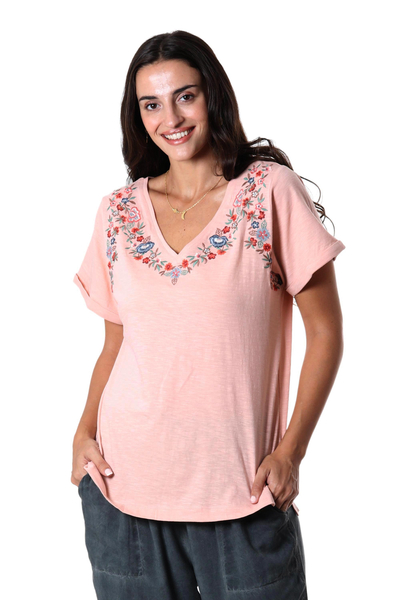 Camiseta de algodón bordada - Camiseta de algodón rosa bordada de la India