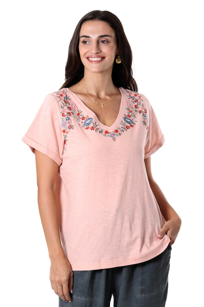 Camiseta de algodón bordada - Camiseta de algodón rosa bordada de la India