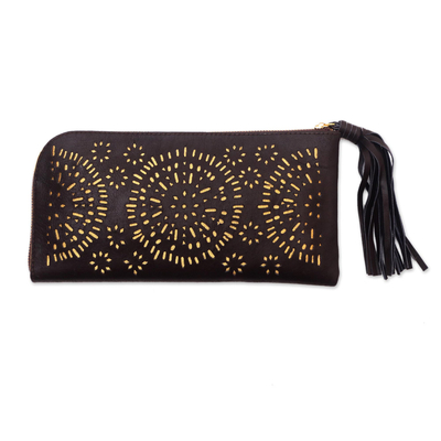 Leather clutch, 'Borobudur Stars in Coffee' - Circle Pattern Leather Clutch in Espresso from Bali