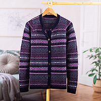 100% alpaca cardigan sweater, 'Inca's Purple Geometry' - Striped Inca-Patterned Purple 100% Alpaca Cardigan Sweater