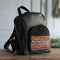 Wool-accented leather backpack, 'Cuzco Sunrise' - Black Leather Backpack with Wool Accent
