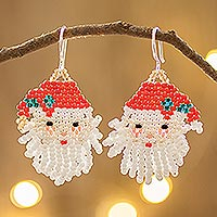 Beaded dangle earrings, 'Santa Claus Cheer' - Handmade Red and White Beaded Santa Christmas Earrings