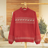 Knit sweater, 'Christmas Llamas' - Christimas and Andean-Themed Red Knit Sweater from Peru
