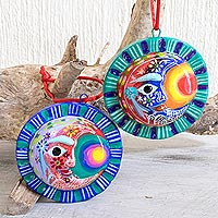 Ceramic ornaments, 'Eclipse of the Sun' (pair) - Crescent Moon Eclipse Ceramic Ornaments (Pair)