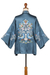 Embroidered kimono jacket, 'Folklore Birds' - Floral Cotton-Embroidered Azure Viscose Kimono Jacket