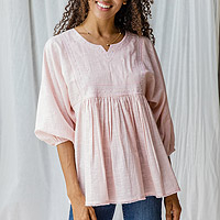 Cotton tunic, 'Tender Blooms' - Embroidered Pink Cotton Tunic with Elastic Cuffs