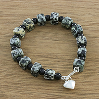 Jasper and onyx beaded bracelet, 'Dalmatian Squares' - Jasper and Onyx Beaded Bracelet from Thailand