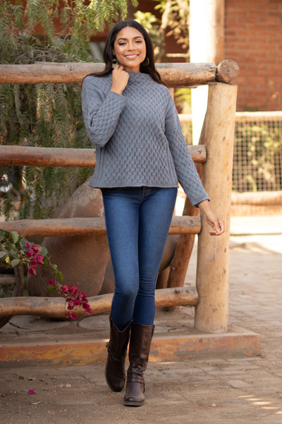 100% alpaca sweater, 'Serene Blue Trellis' - Knit Blue 100% Alpaca Sweater with Geometric Pattern