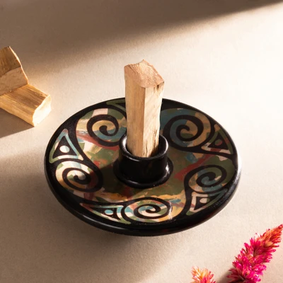 Ceramic incense holder, 'Ancestral Swirls' - Handcrafted Swirl-Patterned Round Ceramic Incense Holder