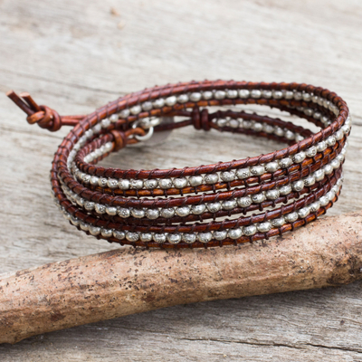 Silver wrap bracelet, 'Hill Tribe Boheme' - Thai Hill Tribe Silver Beads on Leather Wrap Bracelet