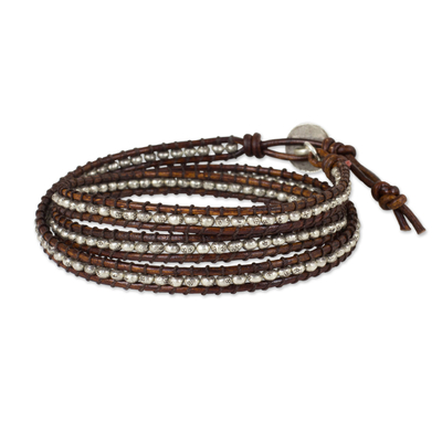 Silver wrap bracelet, 'Hill Tribe Boheme' - Thai Hill Tribe Silver Beads on Leather Wrap Bracelet