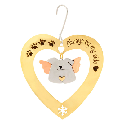 Mixed metal ornament, 'Always By My Side' - Heart-Shaped Angel Dog Holiday Ornament