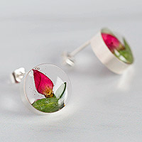 Sterling silver stud earrings, 'Charm of Roses' - Real Rose Petal and Sterling Silver Stud Earrings