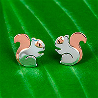 Sterling silver and copper stud earrings, 'Sweet Squirrel' - Sterling Silver and Copper Accented Squirrel Stud Earrings