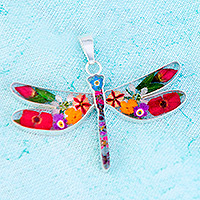 Colgante de plata de primera ley, 'Floral Dragonfly' - Colgante de libélula con flores reales