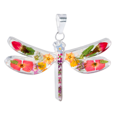 Sterling silver pendant, 'Floral Dragonfly' - Dragonfly Pendant with Real Flowers